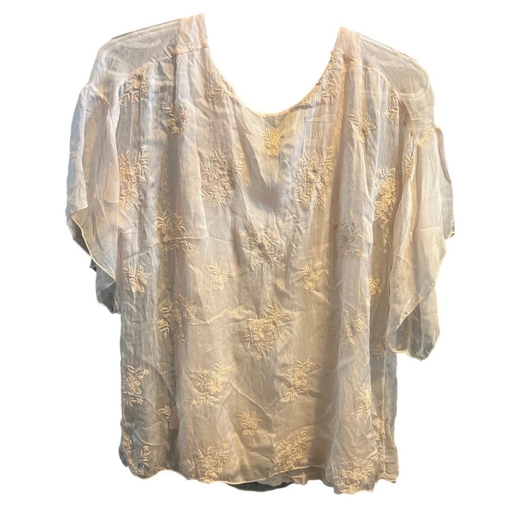 Angela Moda Italy Silk Blend Embroidered Blouse Pale-Pink FloralFlutter Sleeve S